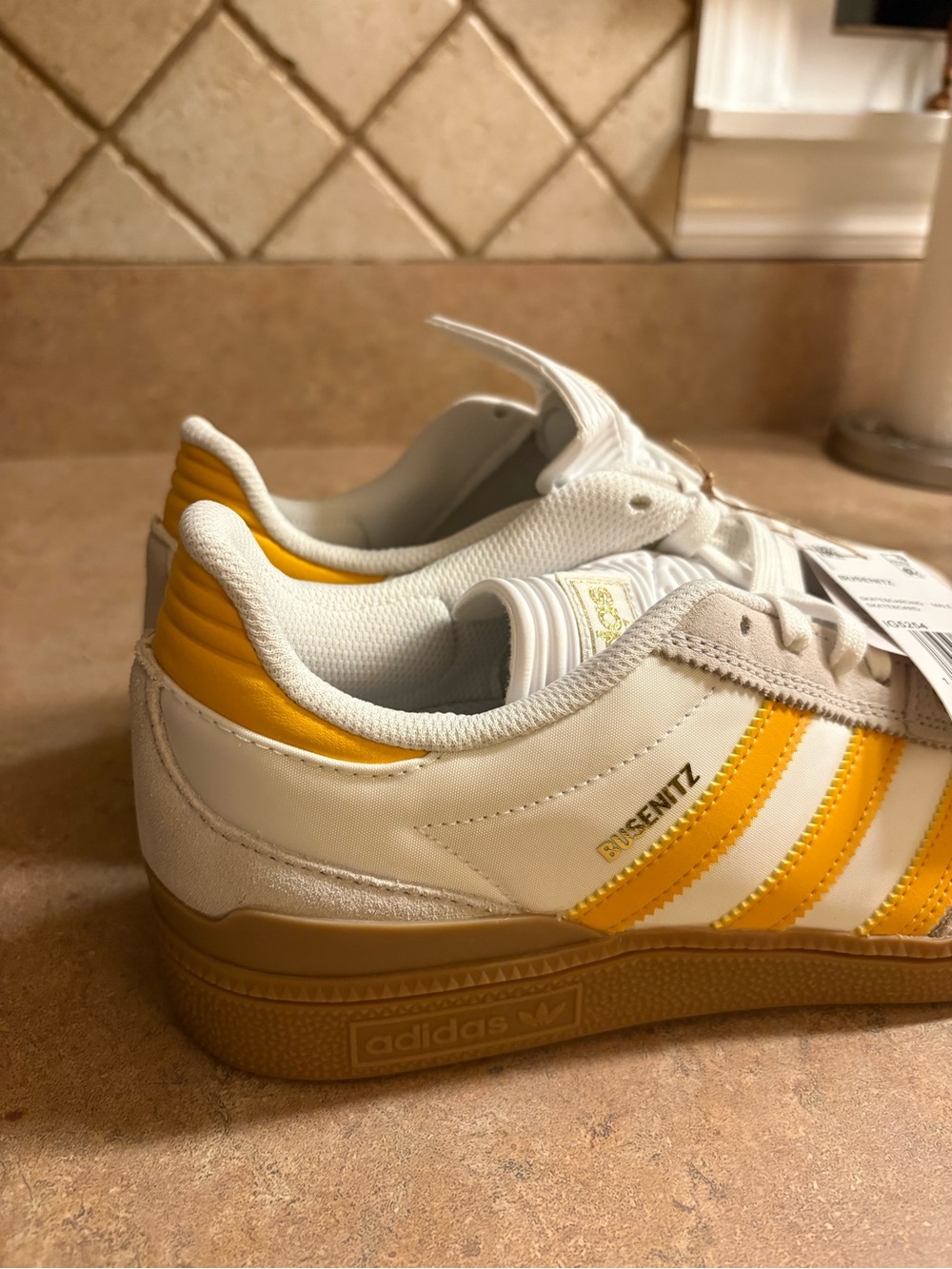 Adidas Busenitz Skate Shoes- White with yellow/ gold trim. Mens size 9.5 BNWT